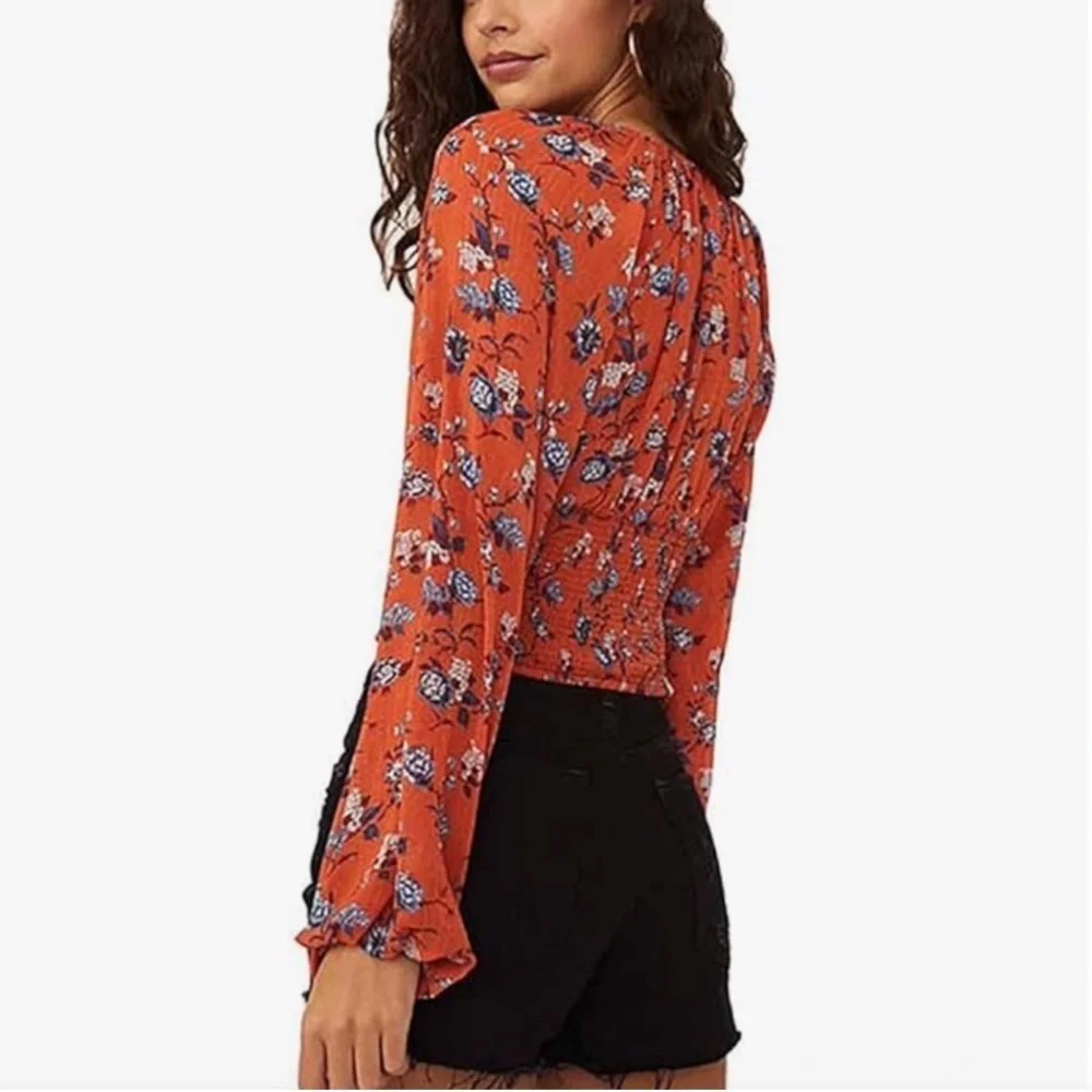 Free People Final Rose Rust Floral Ruched V-Neck Blouse XS